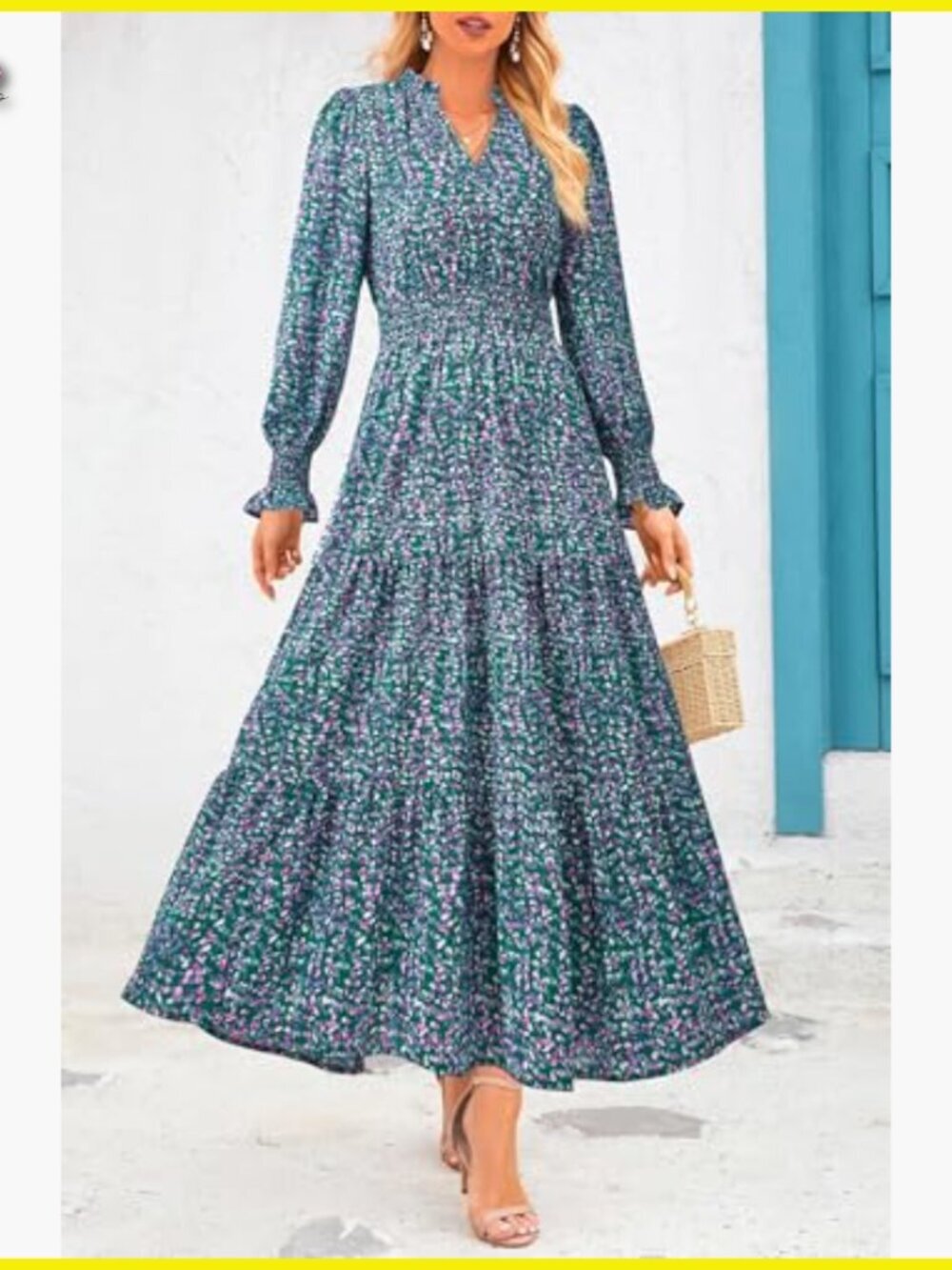 Floral Maxi Dress Long Sleeve V Neck A Line Boho Party Dress with Pockets - Picture 4 of 7
